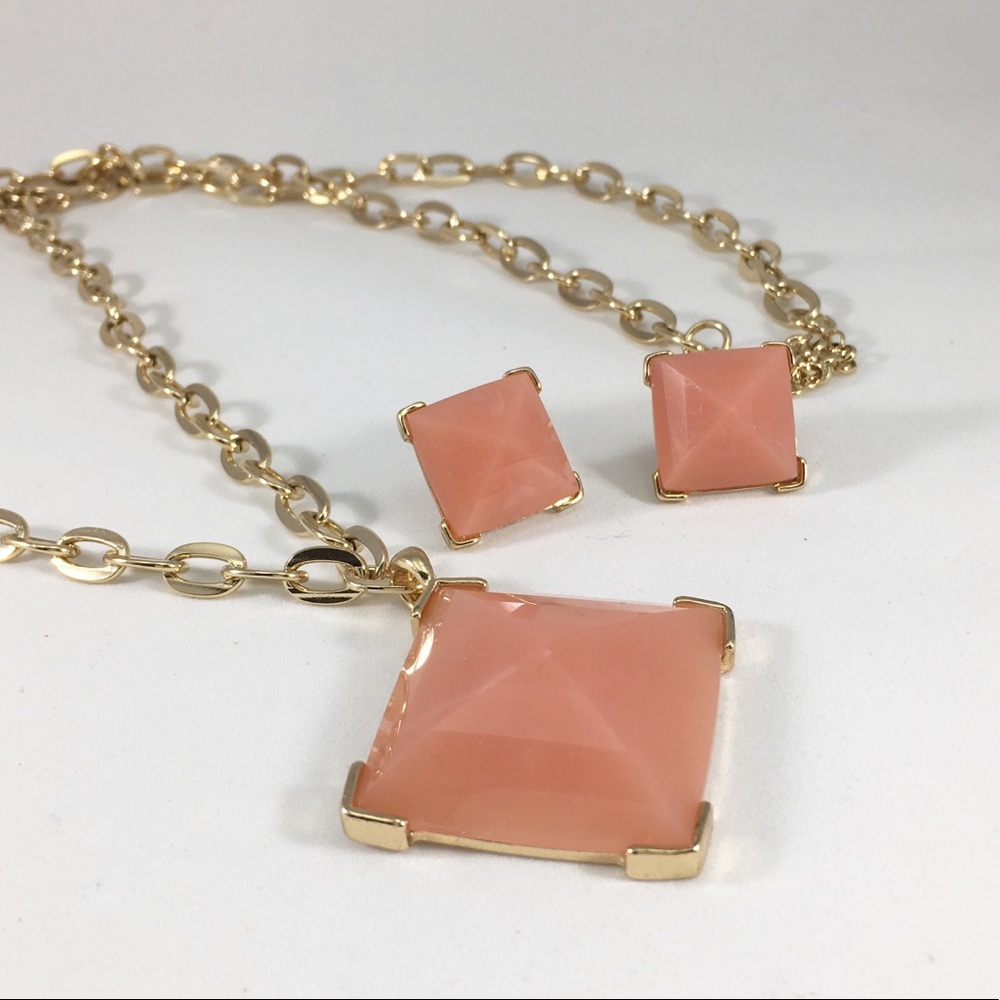 Coral Pink Geometric Long‎ Necklace Earring Set